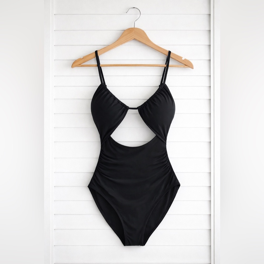 Black Cutout One Piece Swimsuit High Waist Open‎ Front Monokini Size Large